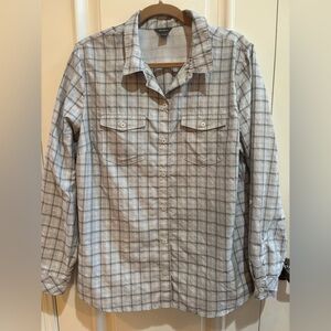 Eddie Bauer Gray Plaid Button Down Shirt Nylon pockets long sleeve button down